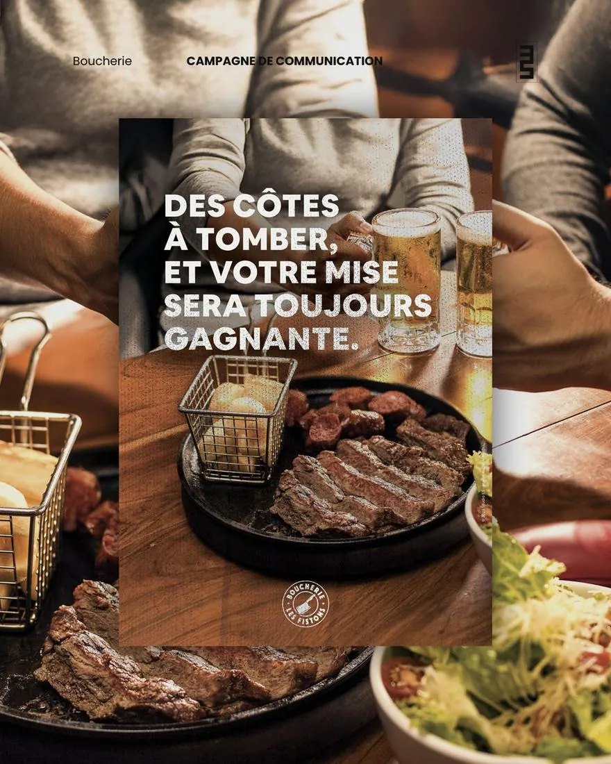 Affiche d’une boucherie : des côtes de bœuf grillées